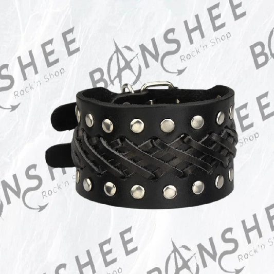 Bracelet manchette noir en cuir PU tressé avec rivets métalliques