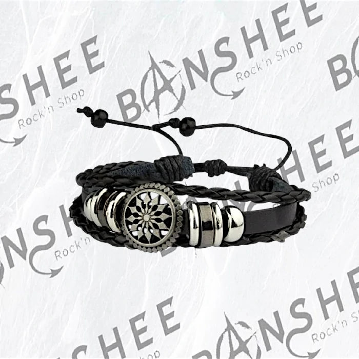 Bracelet multi-rangs en cuir PU noir avec médaillon roue celtique et perles métalliques