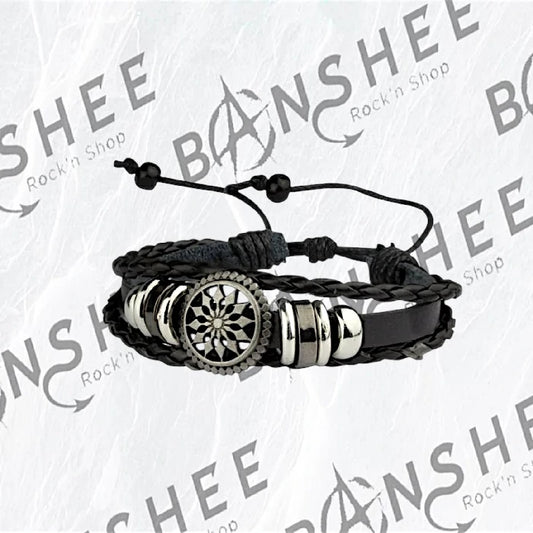 Bracelet multi-rangs en cuir PU noir avec médaillon roue celtique et perles métalliques