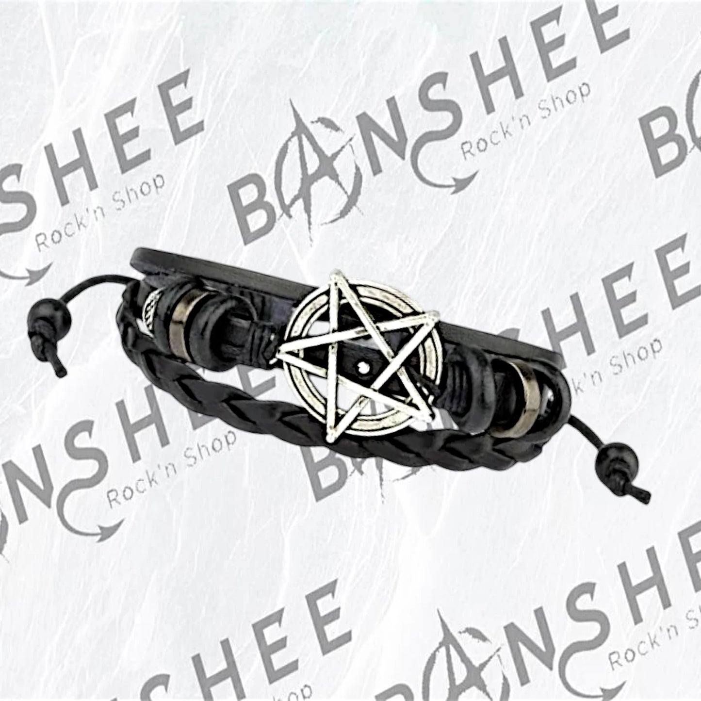 Bracelet en cuir PU noir avec pentagramme en métal et lanières tressées