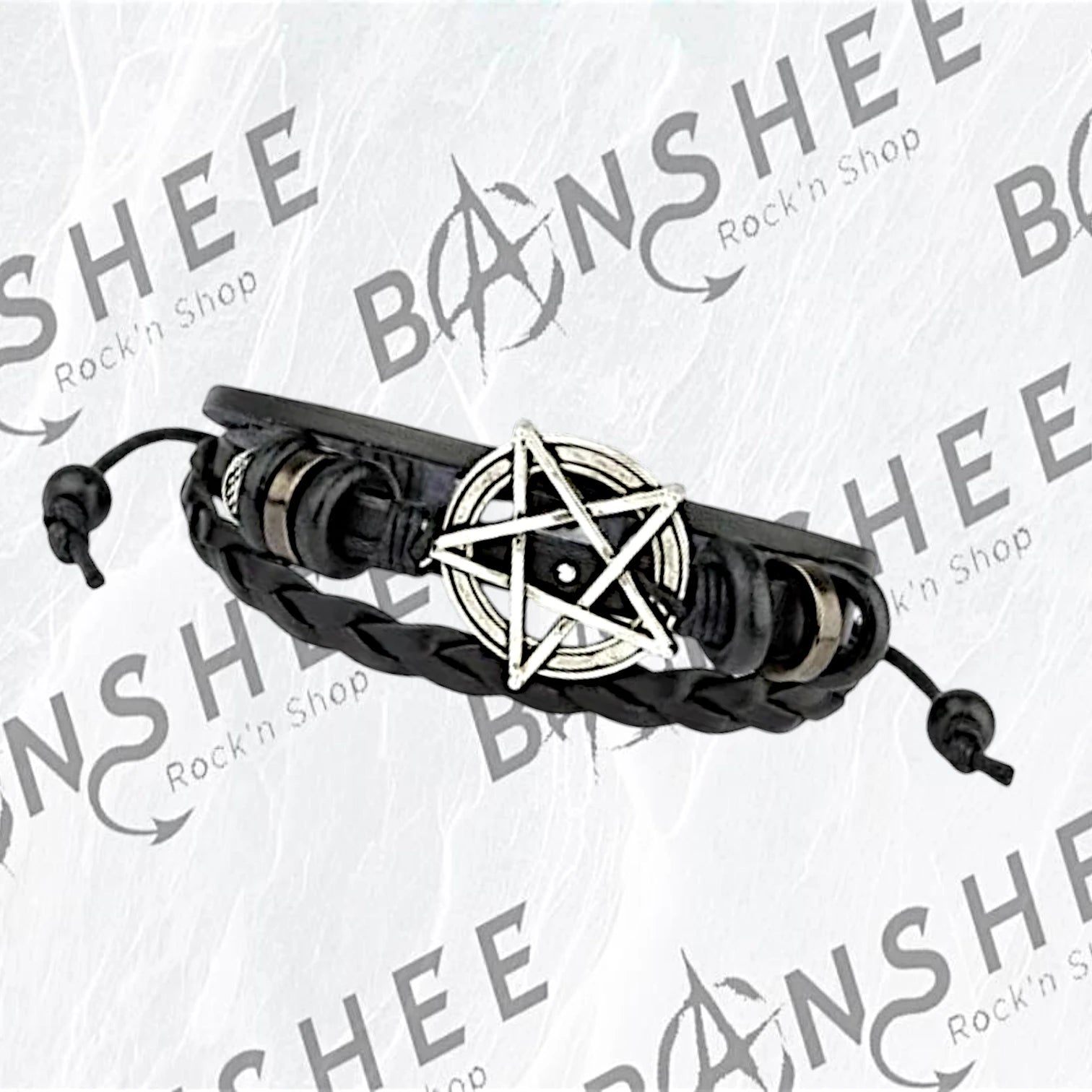 Bracelet en cuir PU noir avec pentagramme en métal et lanières tressées