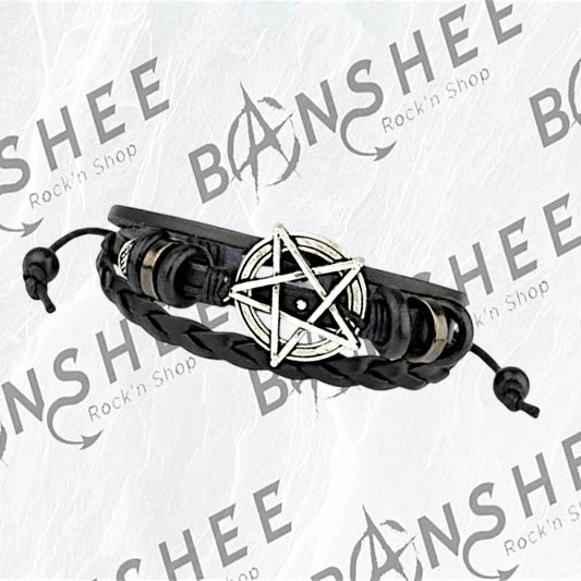 Bracelet en cuir PU noir avec pentagramme en métal et lanières tressées