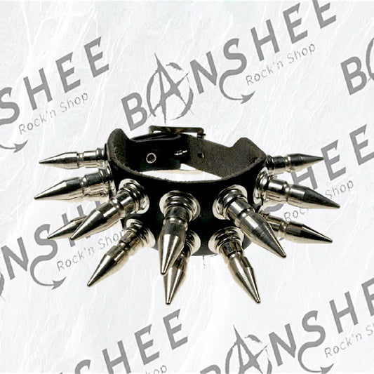 Bracelet en cuir noir avec deux rangées de grands spikes métalliques argentés