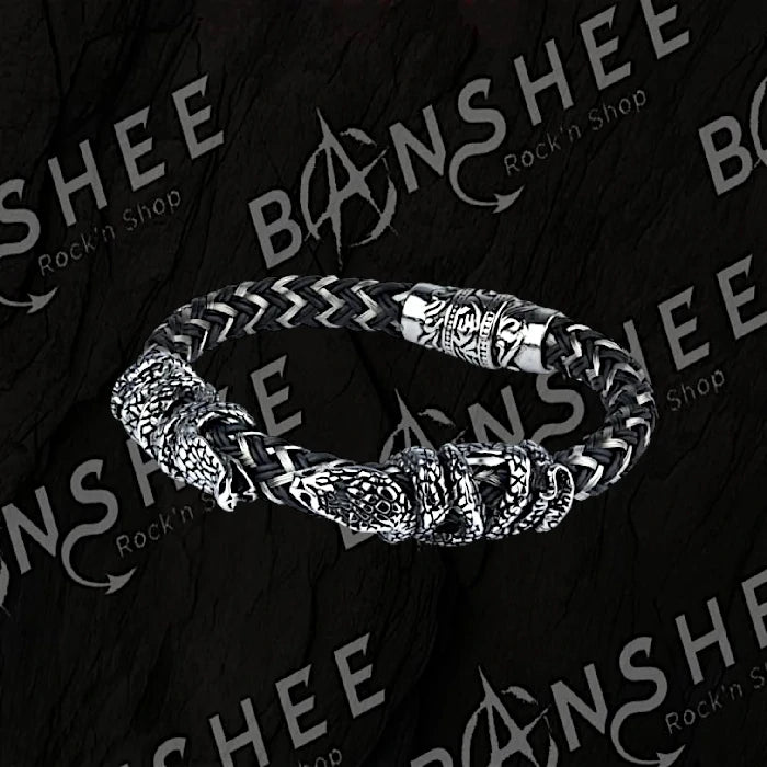 Bracelet serpent en cuir tressé noir gris et acier inoxydable