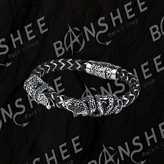 Bracelet serpent en cuir tressé noir gris et acier inoxydable