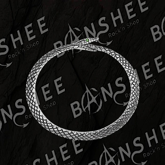 Bracelet serpent Ouroboros argenté avec œil en cristal vert