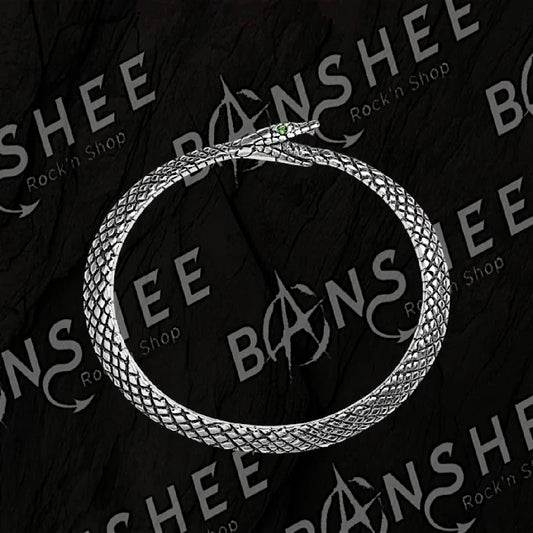 Bracelet serpent Ouroboros argenté avec œil en cristal vert