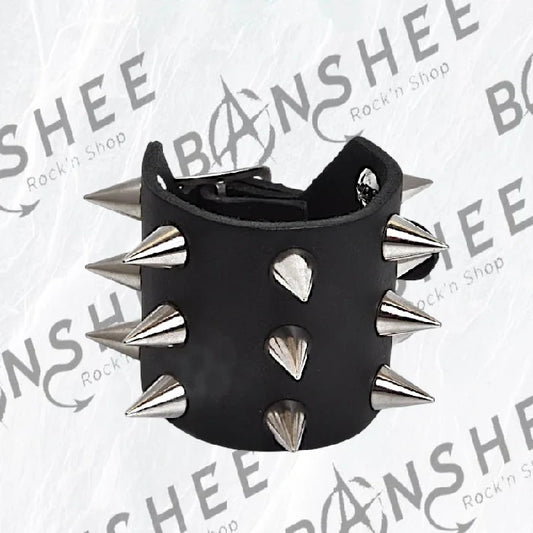 Bracelet en cuir noir avec spikes métalliques et fermeture à boucle réglable