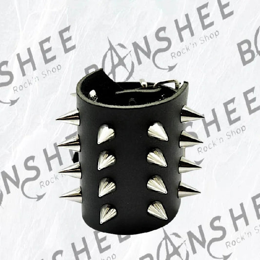 Bracelet en cuir noir avec spikes métalliques et fermeture à boucle réglable