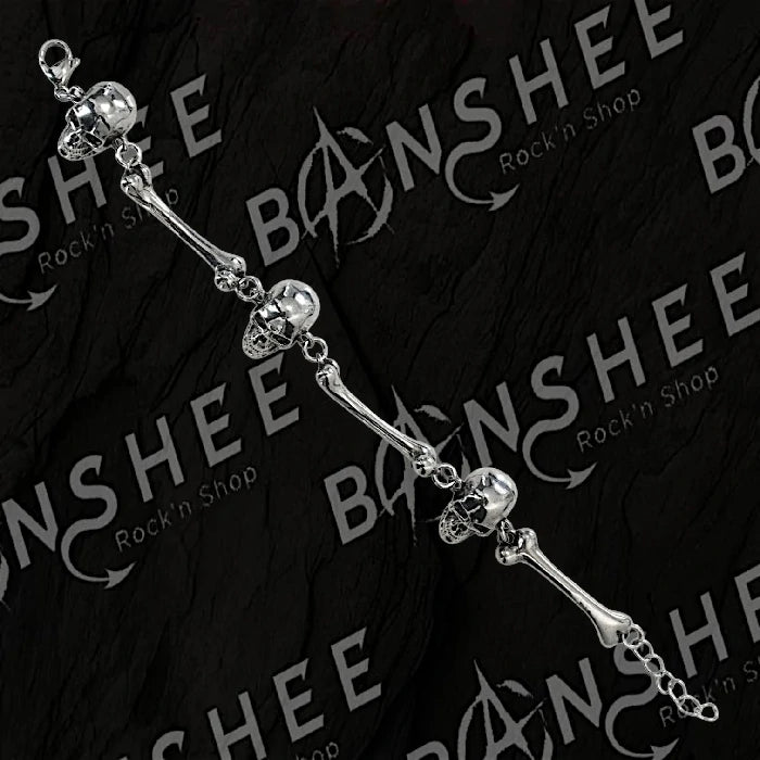 Bracelet squelette avec têtes de mort et os en acier inoxydable