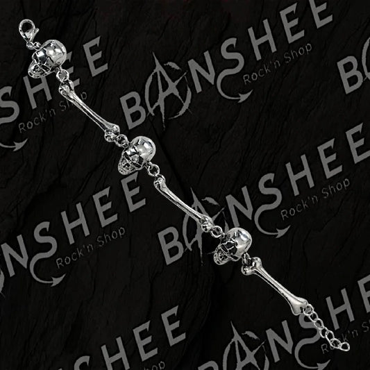 Bracelet squelette avec têtes de mort et os en acier inoxydable