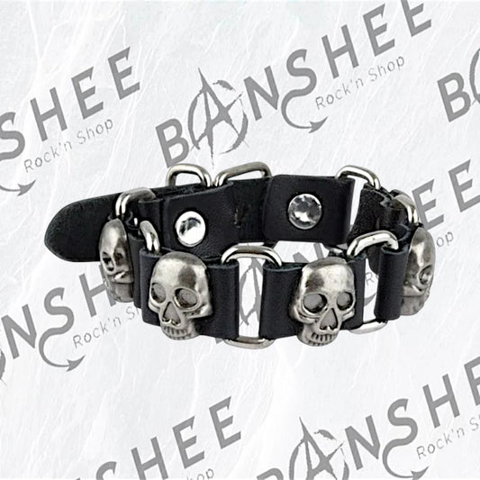 Bracelet en cuir PU noir avec plusieurs têtes de mort en métal vieilli