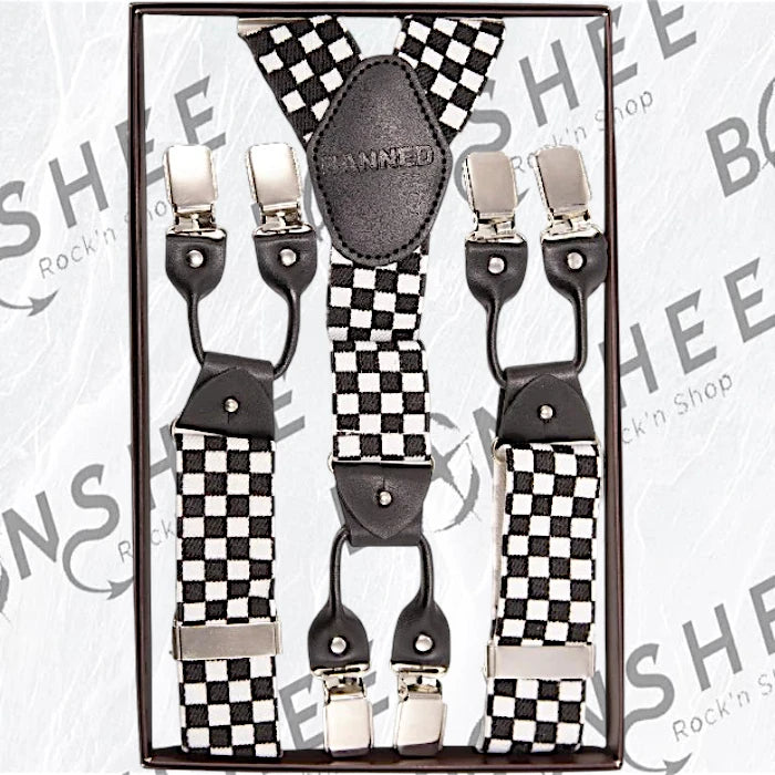Bretelles ska punk à damier noir et blanc, modèle en Y avec six pinces métalliques argentées et sangles réglables.
