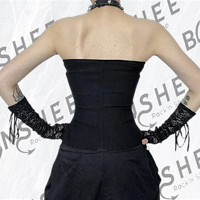 Vue arrière d'un bustier gothique noir avec sangles, boucles métalliques et fermeture zippée