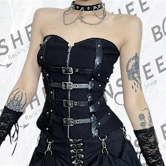 Bustier gothique noir avec sangles, boucles métalliques et fermeture zippée