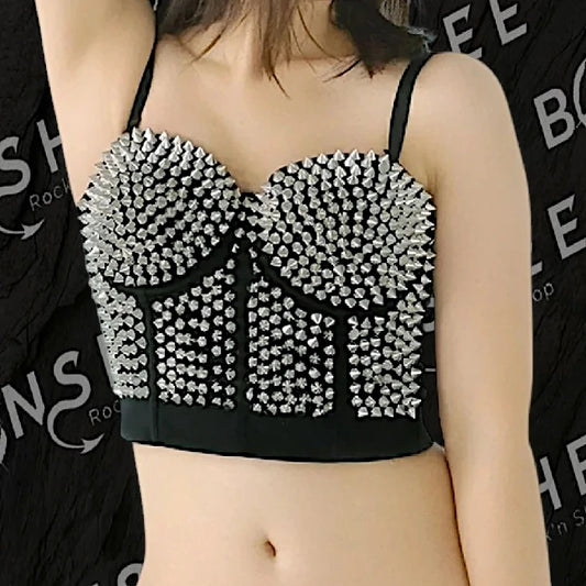 Bustier noir à clous métalliques avec bretelles réglables style rock gothique