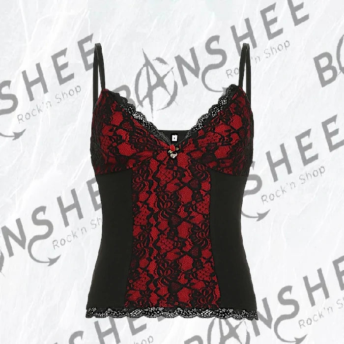 Caraco Moon Attic rouge et noir en dentelle avec fines bretelles et finitions en dentelle