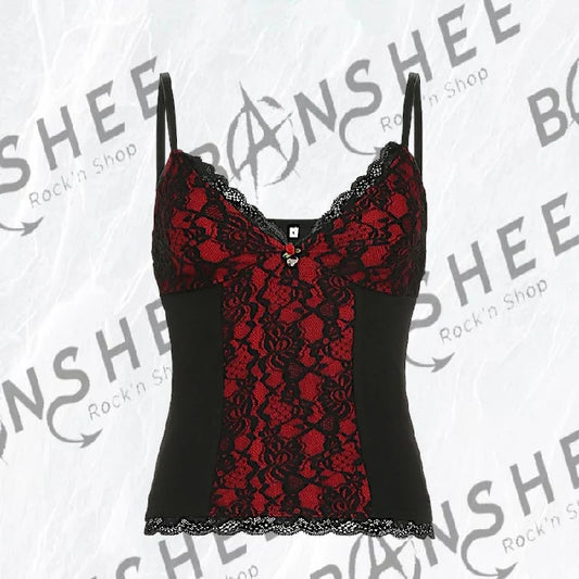 Caraco Moon Attic rouge et noir en dentelle avec fines bretelles et finitions en dentelle