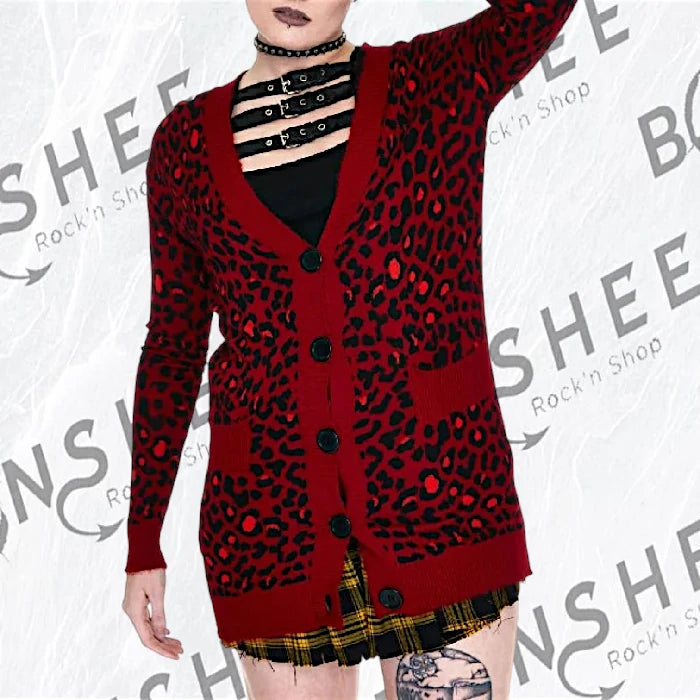 Cardigan rouge et noir à imprimé léopard