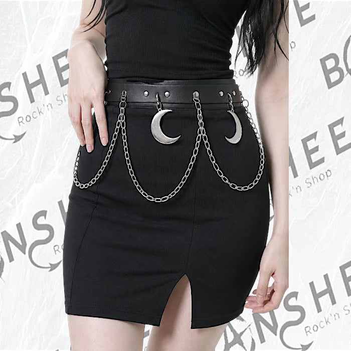 Ceinture gothique noire avec chaînes et croissants de lune