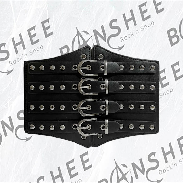 Ceinture large noire à quatre boucles et clous métalliques