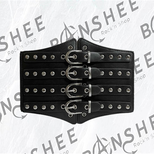 Ceinture large noire à quatre boucles et clous métalliques