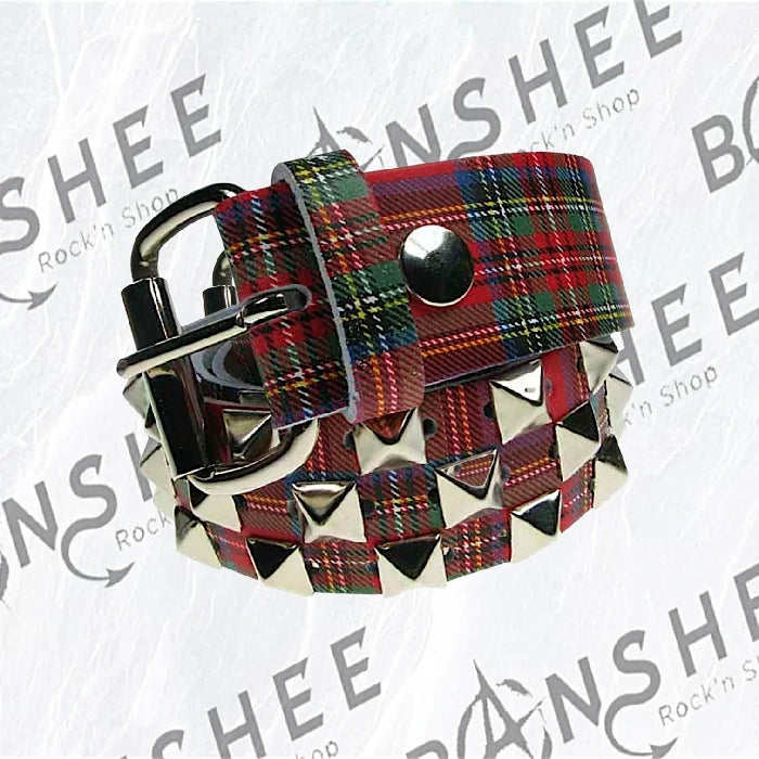 Ceinture punk en cuir véritable tartan rouge avec clous pyramidaux argentés et boucle métallique