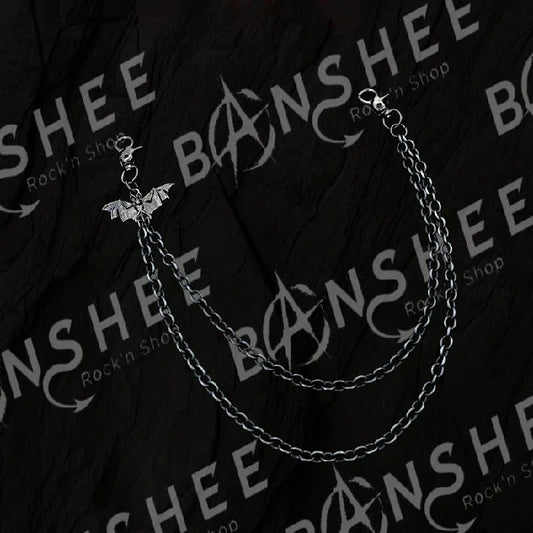 Chaîne de pantalon noire à double chaîne avec pendentif chauve-souris