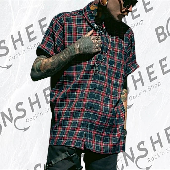 Chemise à carreaux tartan rouge et bleue nuit manches courtes