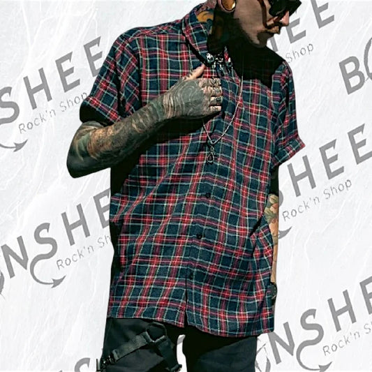 Chemise à carreaux tartan rouge et bleue nuit manches courtes