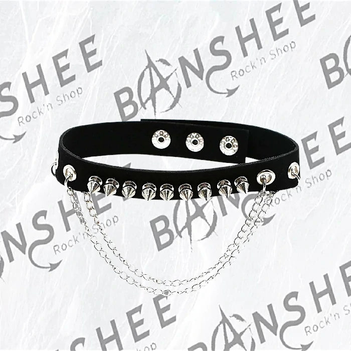 Choker ras de cou en cuir noir avec pointes et doubles chaînes