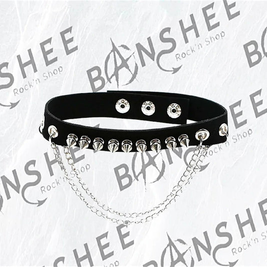 Choker ras de cou en cuir noir avec pointes et doubles chaînes