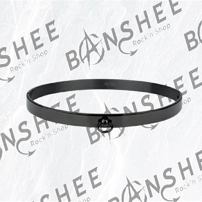 Choker ras de cou noir en acier inoxydable avec anneau