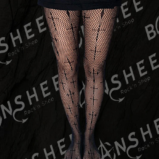 Collants résille noirs avec motif de croix gothiques
