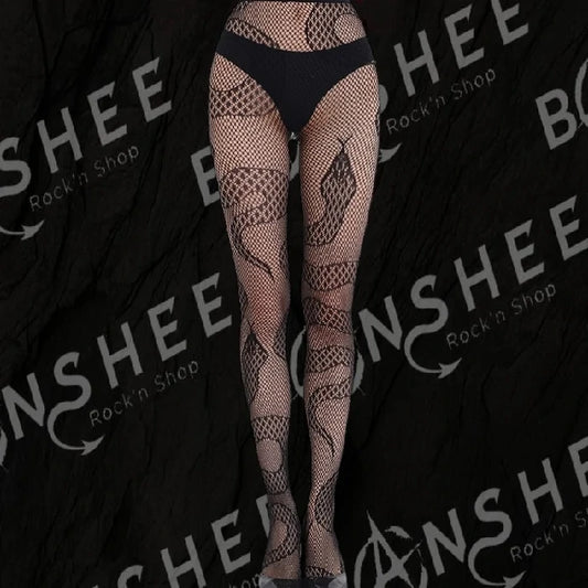 Collants résille noirs avec motif serpent autour des jambes