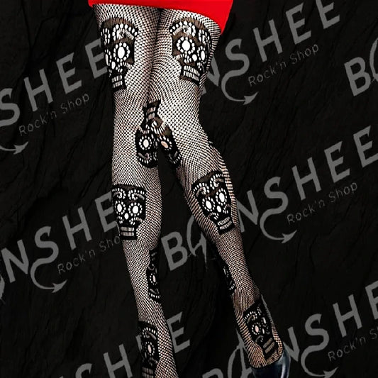 Collants résille noirs avec motif de têtes de mort mexicaines