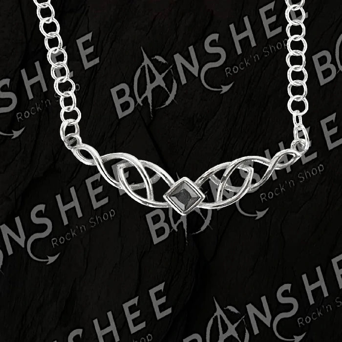 Collier en acier inoxydable avec entrelacs et pierre carrée noire