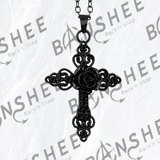 Collier avec pendentif croix gothique noire ornée d'une rose en acier inoxydable