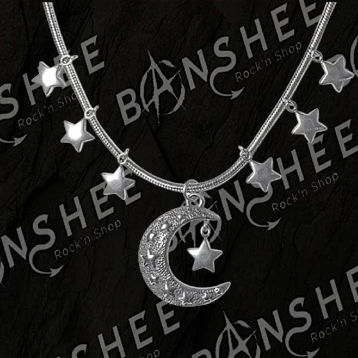 Collier en acier inoxydable avec pendentif lune croissante et étoiles suspendues
