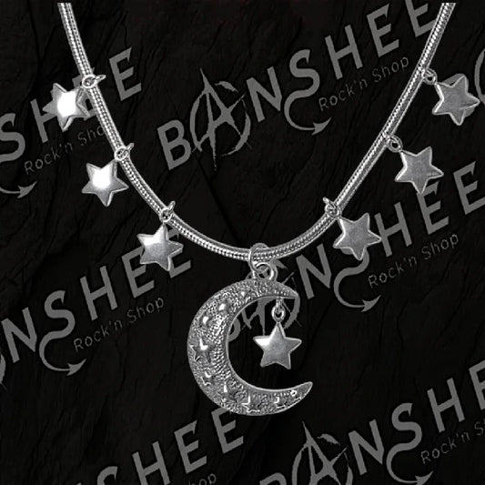 Collier en acier inoxydable avec pendentif lune croissante et étoiles suspendues