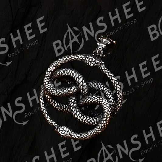 Collier pendentif double serpent Ouroboros Auryn en acier inoxydable formant un noeud d'infini avec écailles ciselées.