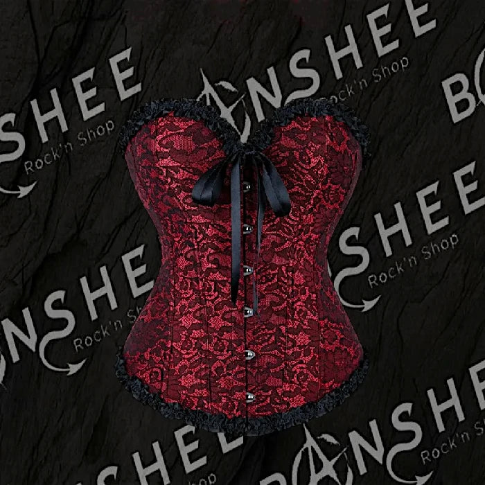 Corset gothique rouge en dentelle avec laçage au dos et fermeture à crochets