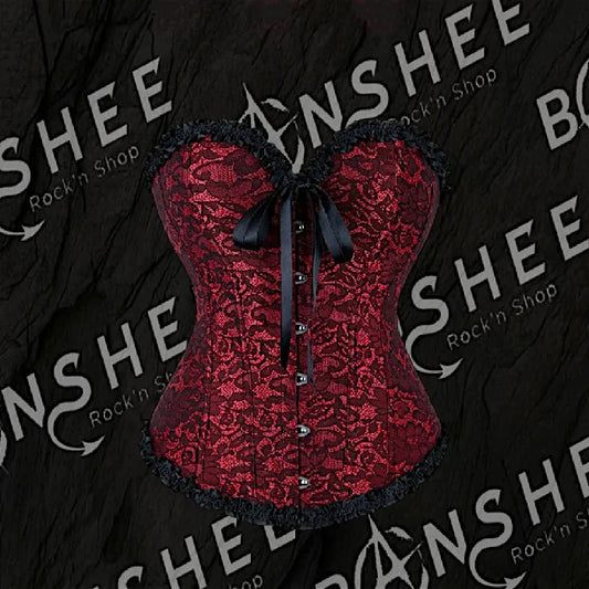 Corset gothique rouge en dentelle avec laçage au dos et fermeture à crochets