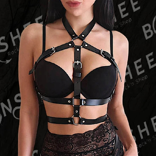 Harnais de poitrine noir en cuir vegan avec sangles réglables et boucles métalliques