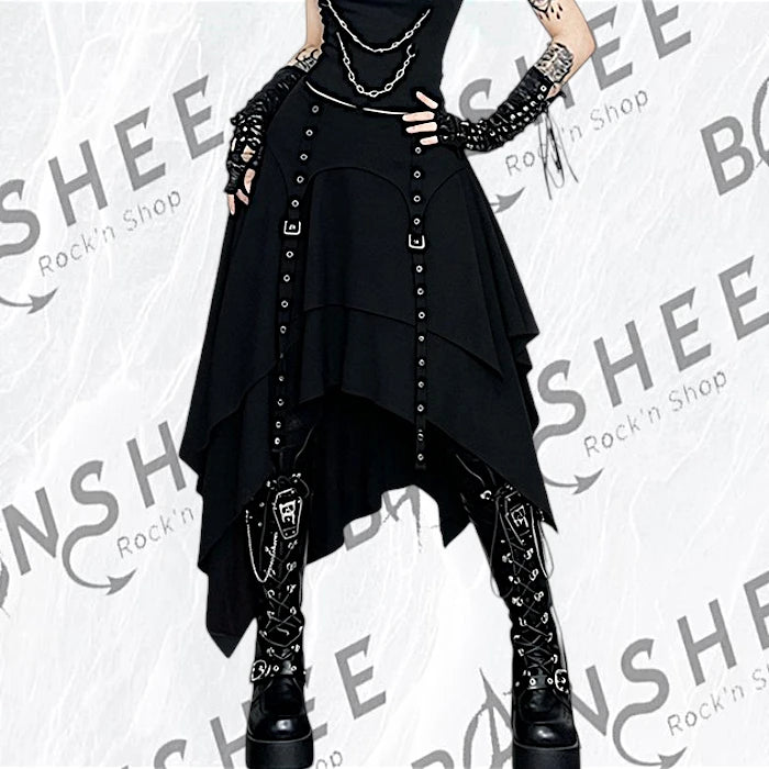 Jupe gothique noire asymétrique avec sangles et œillets métalliques