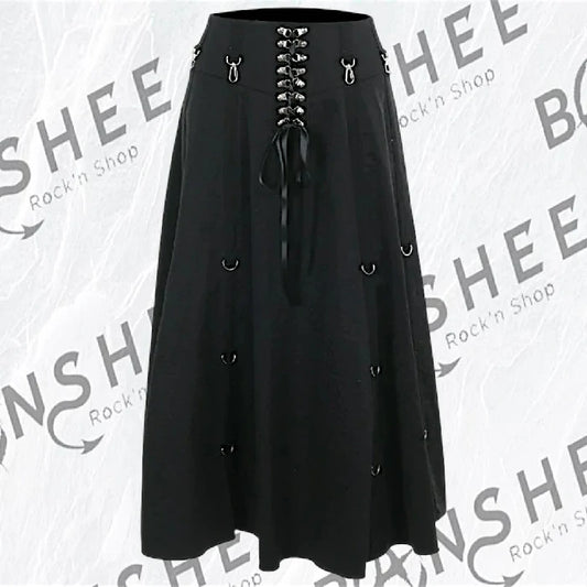Jupe longue gothique asymétrique avec laçage corset et anneaux métalliques