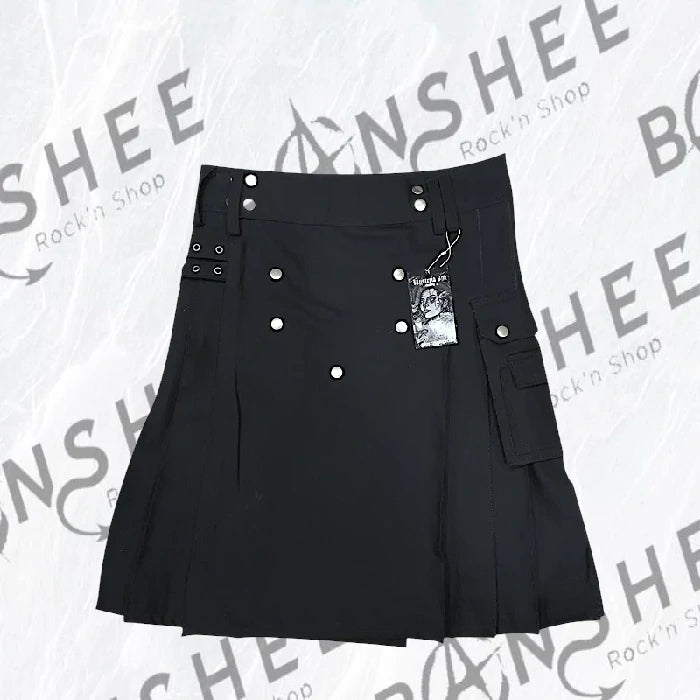 Kilt noir en coton avec poches cargo et plis sur le devant