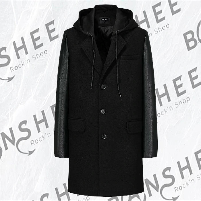 Manteau noir à capuche avec manches en similicuir