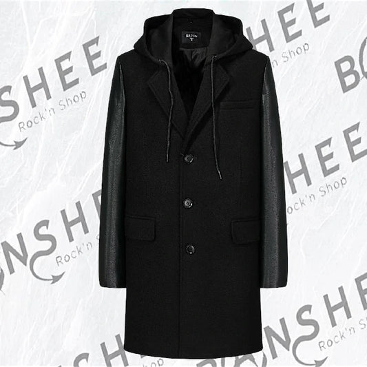Manteau noir à capuche avec manches en similicuir