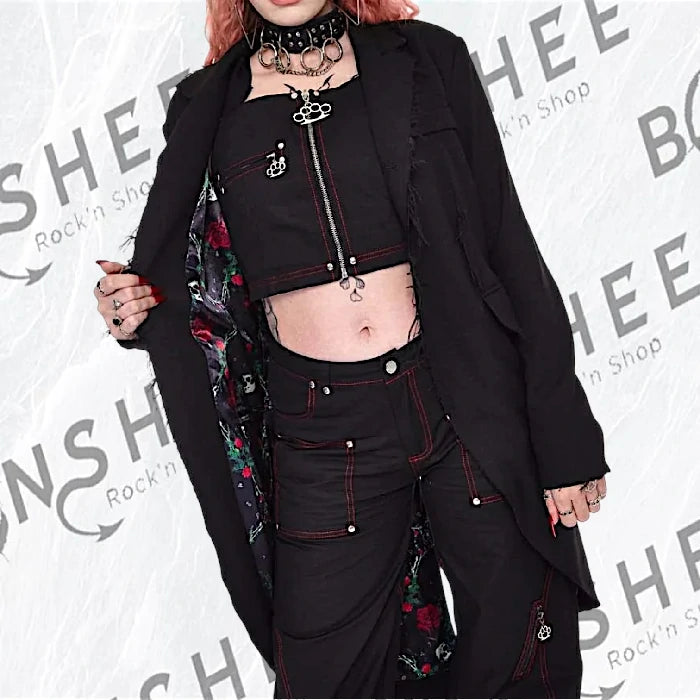 Manteau noir gothique avec doublure florale et têtes de mort